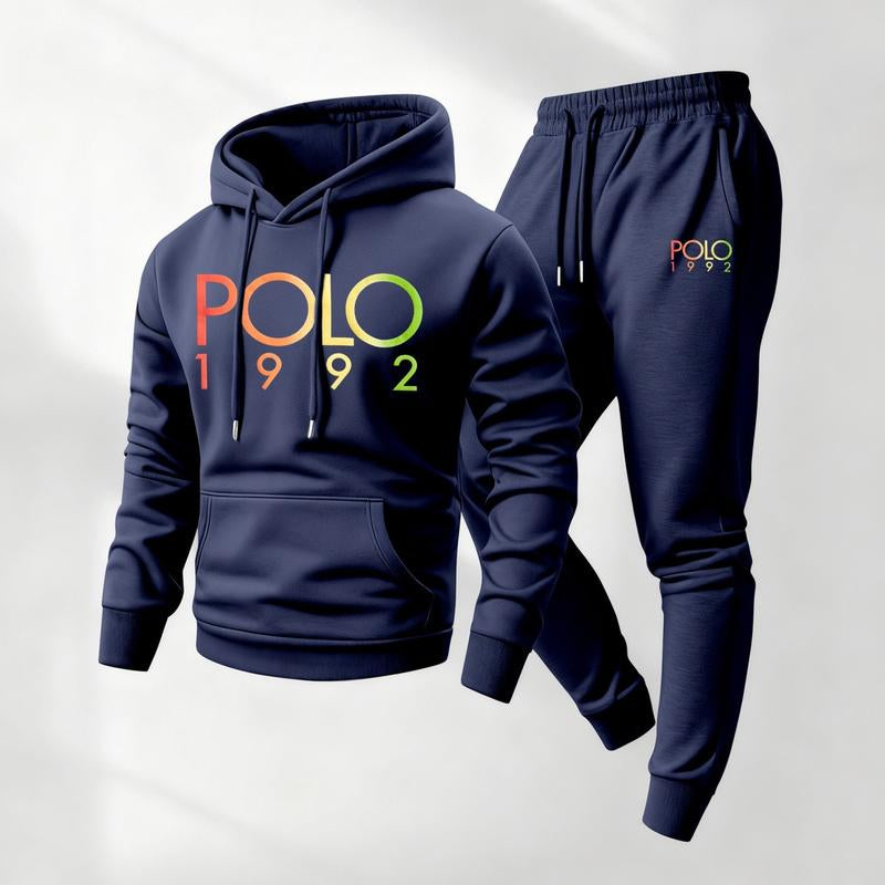 Men's Polo Pattern Print Hoodie and Drawstring Sweatpants 