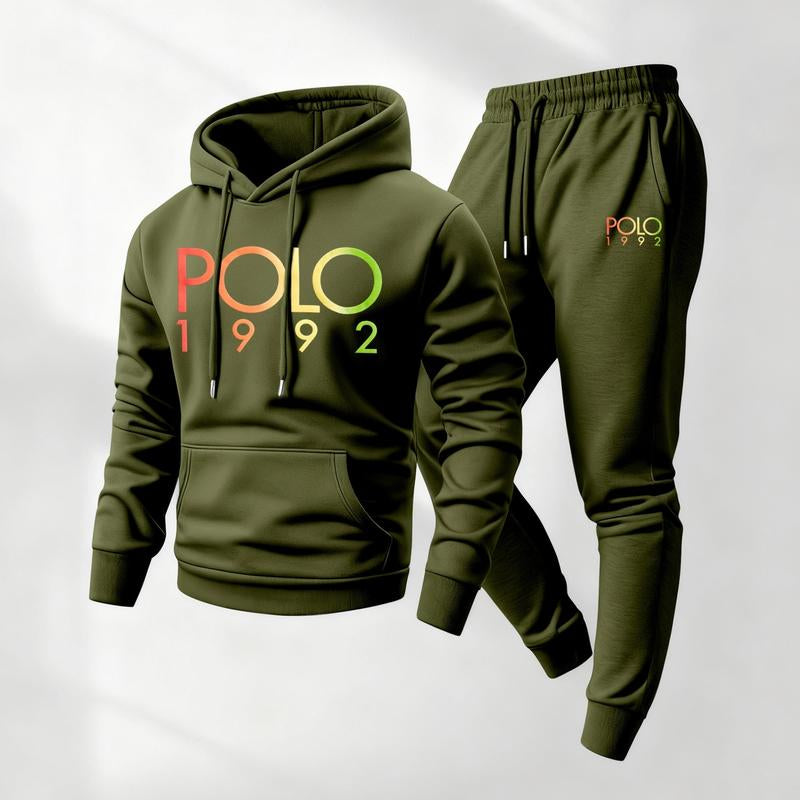 Men's Polo Pattern Print Hoodie and Drawstring Sweatpants 