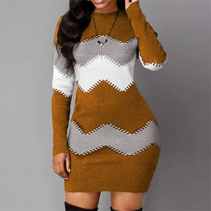 Women Elegant Patchwork Long Sleeve Warm Dress 2022 Autumn Winter 