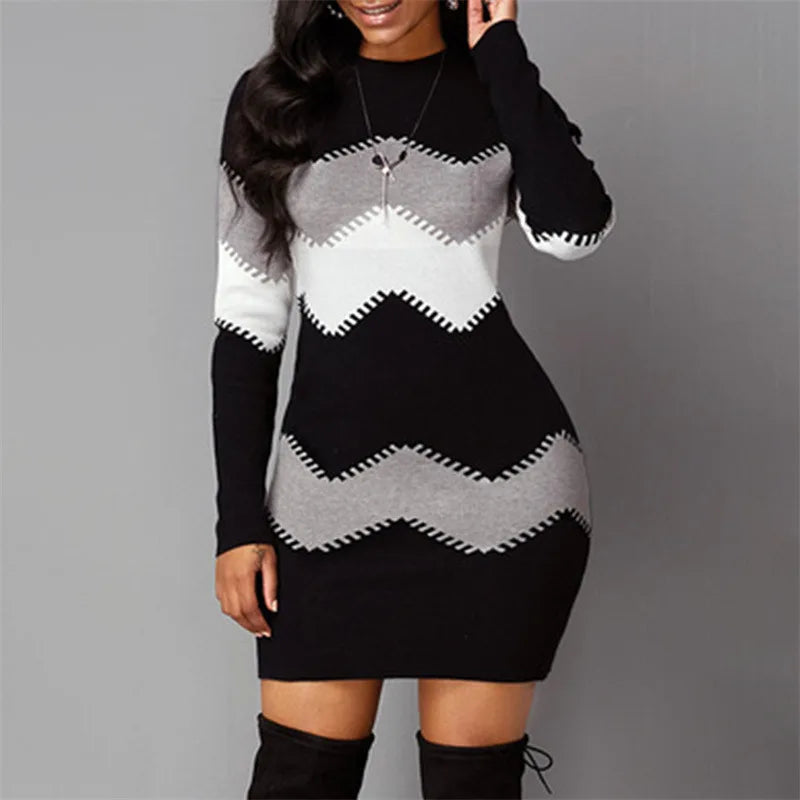Women Elegant Patchwork Long Sleeve Warm Dress 2022 Autumn Winter 