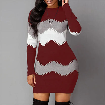 Women Elegant Patchwork Long Sleeve Warm Dress 2022 Autumn Winter 