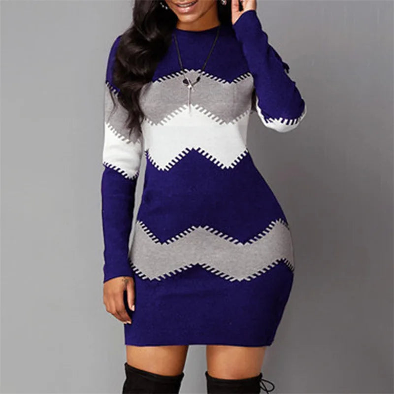 Women Elegant Patchwork Long Sleeve Warm Dress 2022 Autumn Winter 