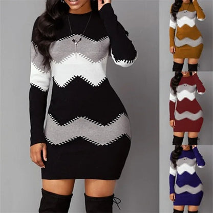 Women Elegant Patchwork Long Sleeve Warm Dress 2022 Autumn Winter 
