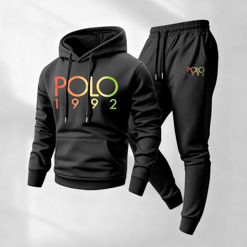 Men's Polo Pattern Print Hoodie and Drawstring Sweatpants 