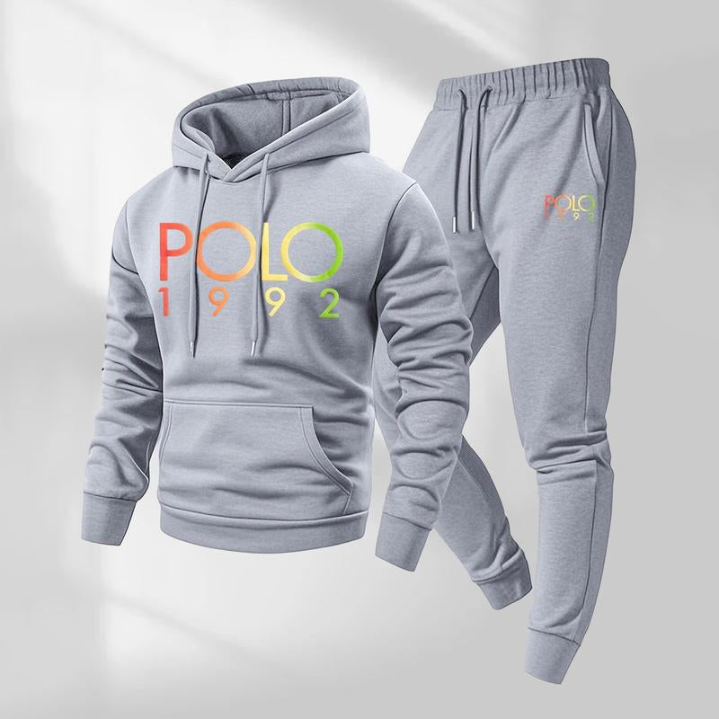 Men's Polo Pattern Print Hoodie and Drawstring Sweatpants 
